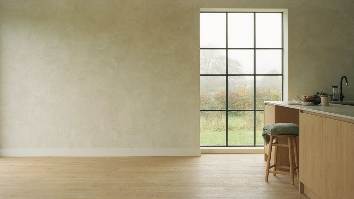 Bright, naturally lit home interior with a pale wall, window and subtle kitchen details